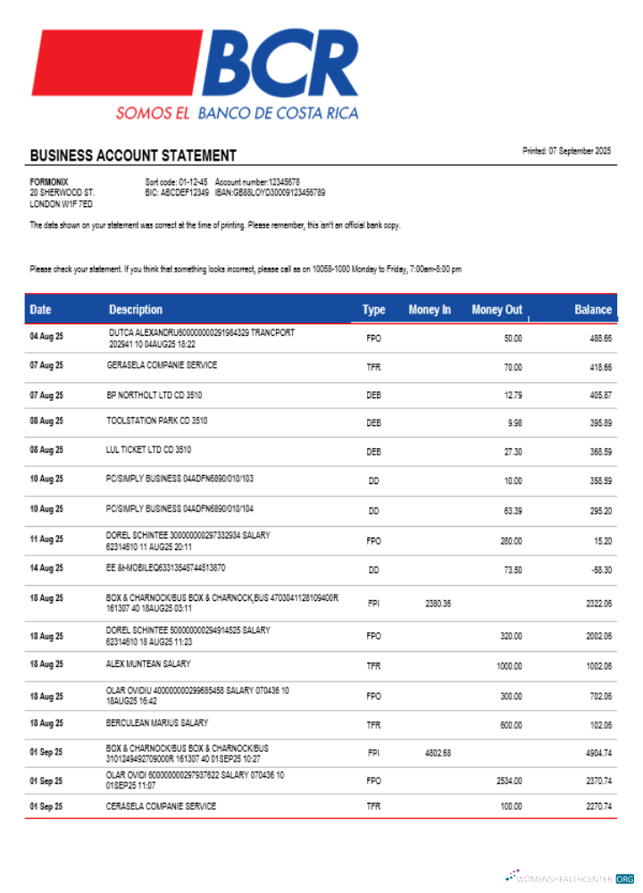 Costa Rican The Bank of Costa Rican bank organization checking account statement Word and PDF format